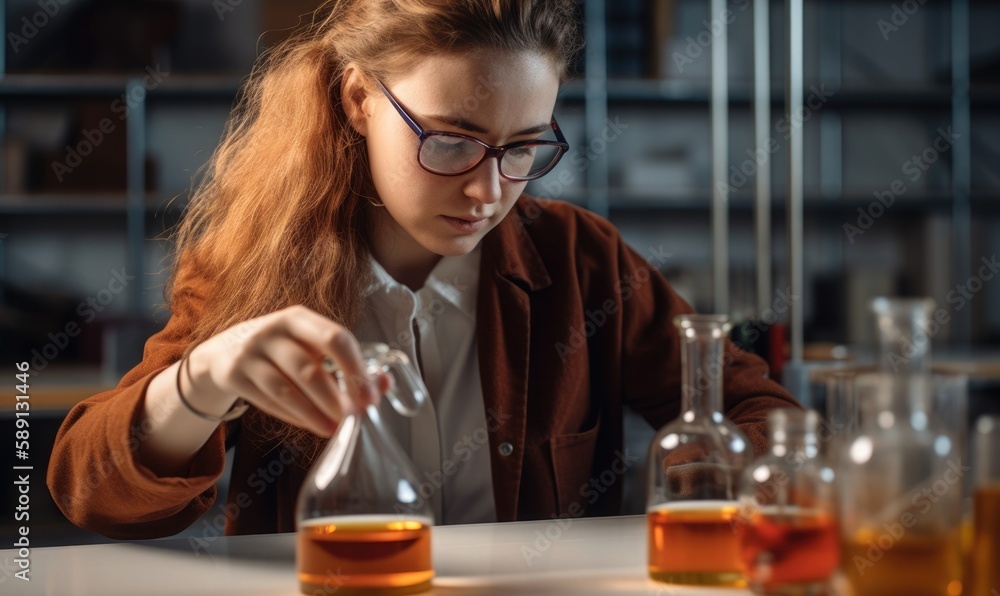 Young woman working with liquids in glassware, generative AI Young woman working with liquids in glassware, generative AI