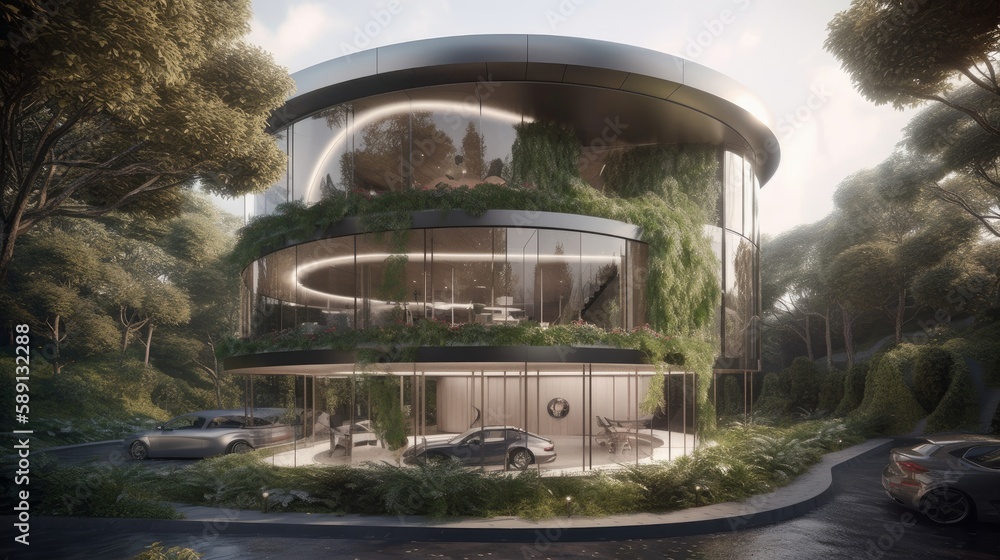 Revolutionary Cylindrical Rotating Home with Optimal Natural Lighting & Panoramic Views, Vertical Garden, Electric Supercar & Luxe Architecture, Generative AI