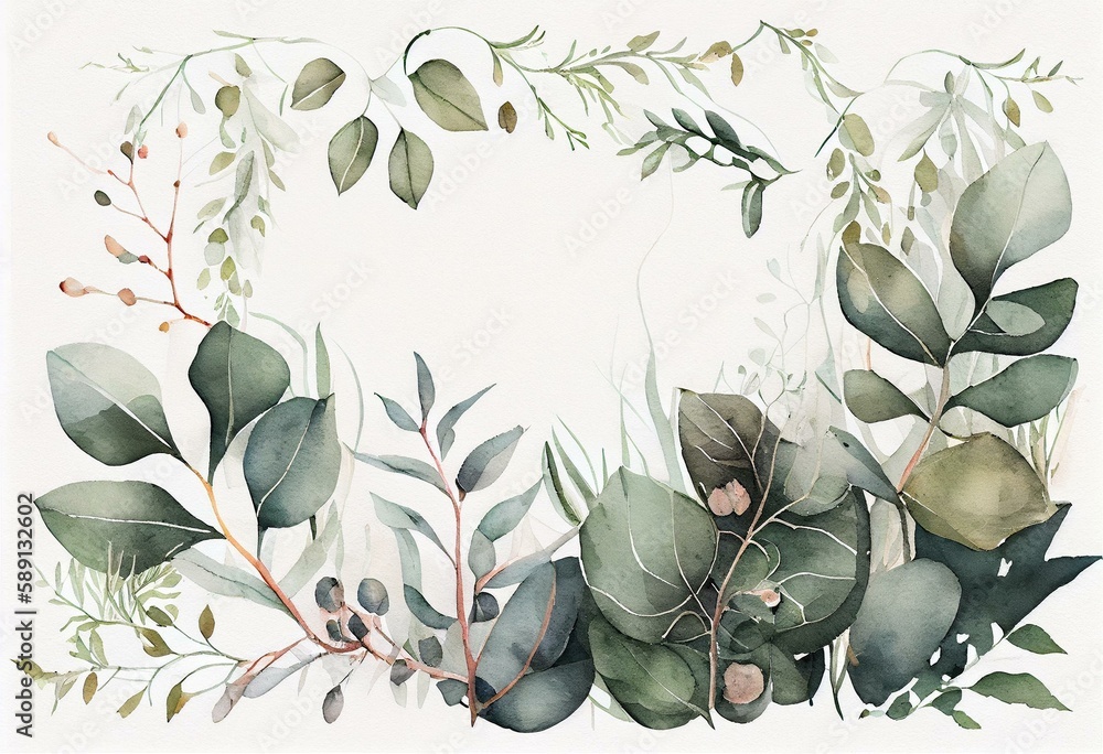 Watercolor floral illustration - green leaves frame / border, for ...