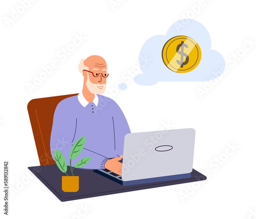 Aged Pensioner Man Character looking at Laptop,serfing the Internet.Old Man working Online, freelancer.Busy Working Man dreaming about money.Vector Flat Illustration Isolated on White Background.