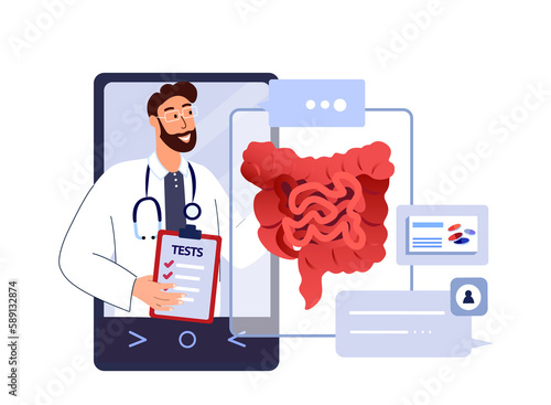 Online Doctor Gastroenterologist Consultation.Researching Gastrointestinal Tract,Intestines,Bowel.Diagnostic Mobile Application.Smartphone Medical Hospital.Digital Treatment,Curing.Vector Illustration