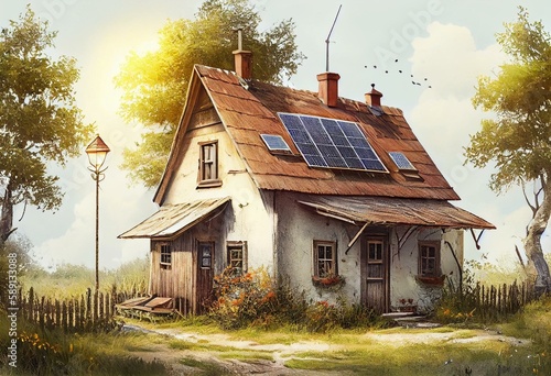 old little house with solar panles in the style of aquarelle, ai generated. Generative AI photo