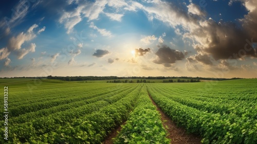 Green ripening soybean field, agricultural landscape. Generative AI