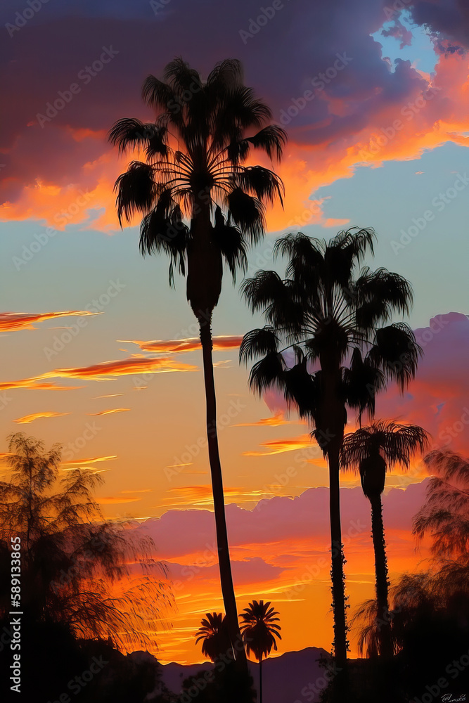 Illustraion of a warm colored summer sunset with silhouettes of palm trees, Generative AI