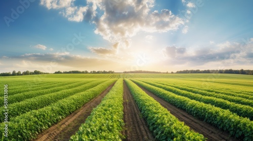 Green ripening soybean field  agricultural landscape. Generative AI