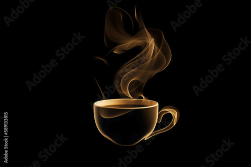 Golden coffee or tea cup logo illustration on black background. Generative AI