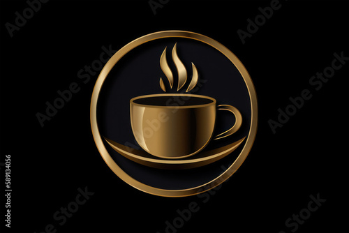 Golden coffee cup in a circle logo illustration on black background. Generative AI