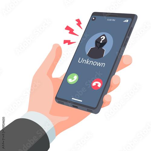 Hand businessman Holding smartphone call from unknown or stranger number. Scam, Prank, Fraud, and phishing on a mobile phone. Vector illustration flat design.