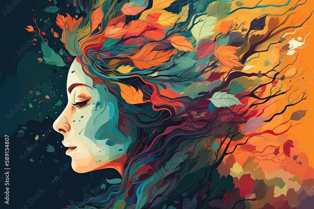Vibrant female head with multicolored tree & leaves, surreal digital art, lively organic imagery. Generative AI Vibrant female head with multicolored tree & leaves, surreal digital art, lively organic imagery. Generative AI