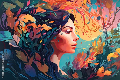 Vibrant female head with multicolored tree   leaves  surreal digital art  lively organic imagery. Generative AI