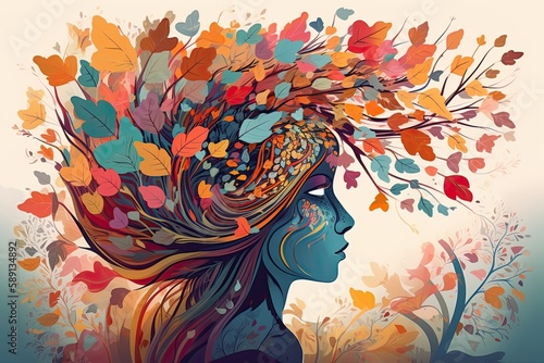 Vibrant female head with multicolored tree & leaves, surreal digital art, lively organic imagery. Generative AI