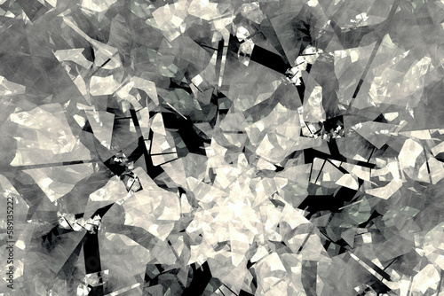 Gray broken pattern of curved shapes on a black background. Abstract fractal 3D rendering