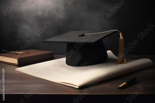 Education concept. Abstract visualization of finished studio or school diploma and graduation cap. Copy space. Generative AI