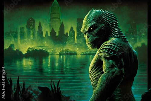 Humanoid swamp creature in dystopian environment character concept design generative ai