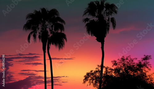 Illustraion of a warm colored summer sunset with silhouettes of palm trees, Generative AI
