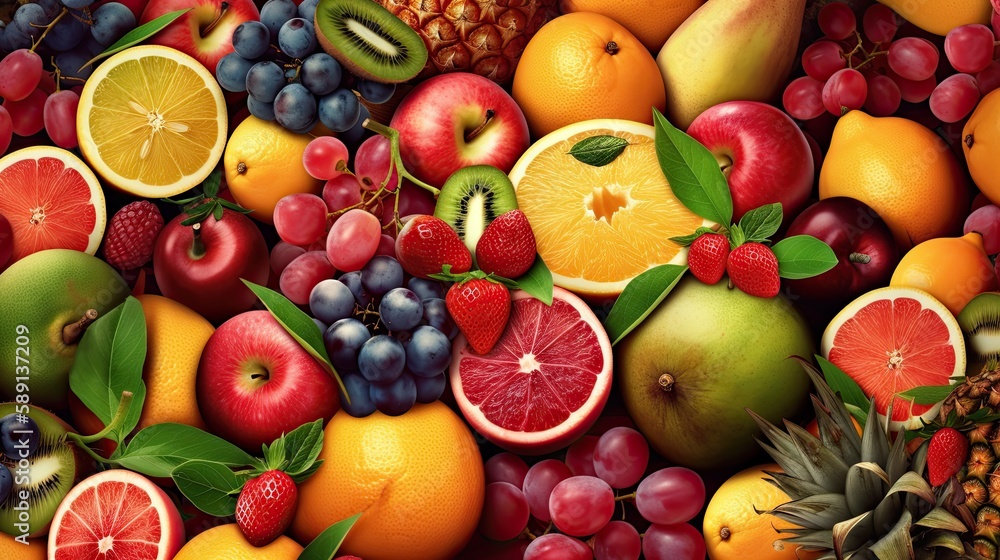Set of juicy summer fruits to use as wallpaper. Generative AI Set of juicy summer fruits to use as wallpaper. Generative AI