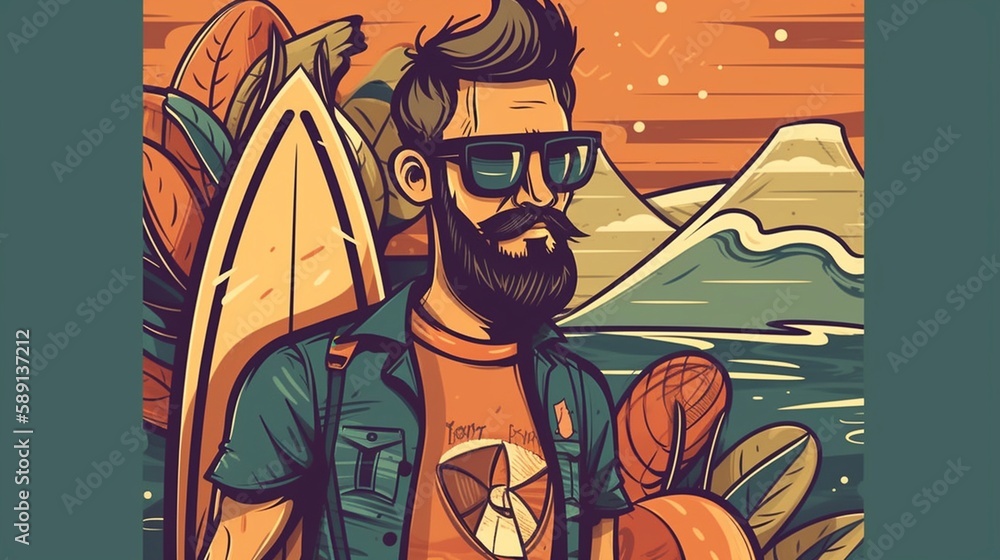 Obraz premium Surfer, flat cartoon character, retro style. Generative AI.