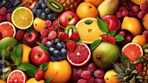 Set of juicy summer fruits to use as wallpaper. Generative AI