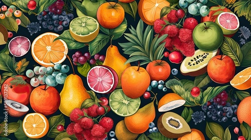 Set of juicy summer fruits to use as wallpaper. Generative AI