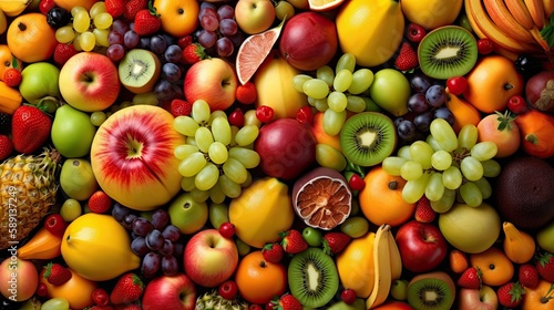 Set of juicy summer fruits to use as wallpaper. Generative AI