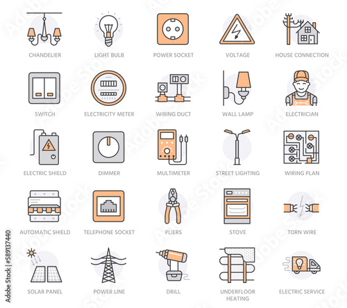 Electricity engineering vector flat line icons. Electrical equipment, power socket, torn cable, energy meter, lamp. Electrician service signs, house repair illustration. Orange color. Editable Stroke