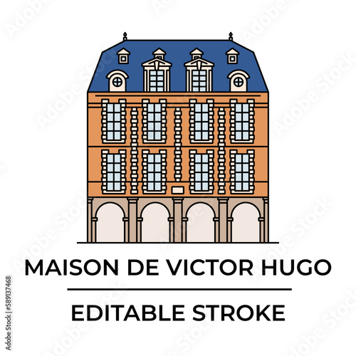 View of the facade of the house-museum of Victor Hugo on Place des Vosges in Paris, France. Linear vector icon of architectural landmark in Paris