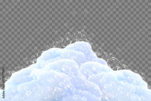 Shampoo bubbles texture.Bath foam isolated on transparent background. Sparkling shampoo and bath lather vector illustration.