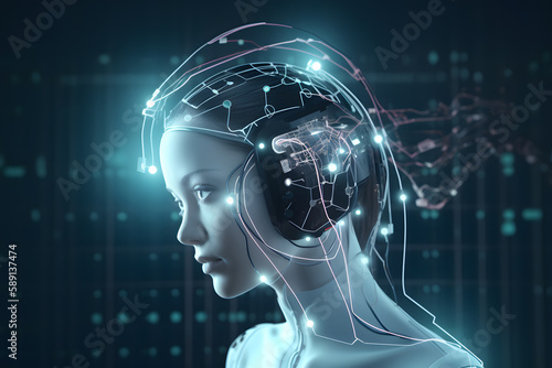 cyborg Neuro interface illustration. Sophisticated headphones of the future. Generative AI