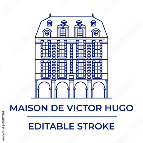 View of the facade of the house-museum of Victor Hugo on Place des Vosges in Paris, France. Linear vector icon of architectural landmark in Paris