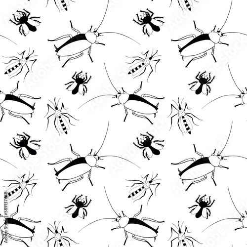 Vector seamless pattern of insect pests - oriental cockroaches, flies, mosquitoes. Contour background and texture
