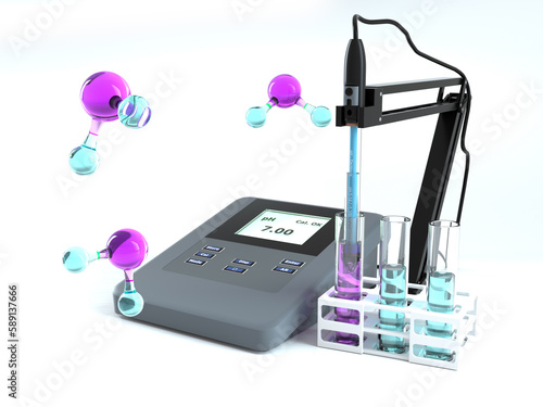 pH meter Isolated on white.Chemistry lab equipment creative illustration with test tubes, colorful molecules and test samples. Professional pH meter showing 7 pH unit. KCl glass electrode. 3D render.