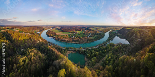 Landschaft an der Leonberger Aussicht, Leonberg, Gemeinde Marktl am Inn, Alz, Mündung, Altwasser, Perach, Landkreis Altötting, Luftbild, Panorama, Banner, Innleite, Oberbayern, Bayern, Deutschland,