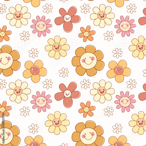 Seamless flowers with smiley vector