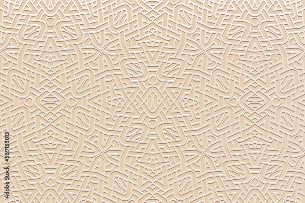 Embossed light background, tribal cover design. Geometric abstract 3D pattern, press paper, leather. Boho, handmade. Ethnic motifs of the countries of the East, Asia, India, Mexico, Aztecs, Peru. Embossed light background, tribal cover design. Geometric abstract 3D pattern, press paper, leather. Boho, handmade. Ethnic motifs of the countries of the East, Asia, India, Mexico, Aztecs, Peru.