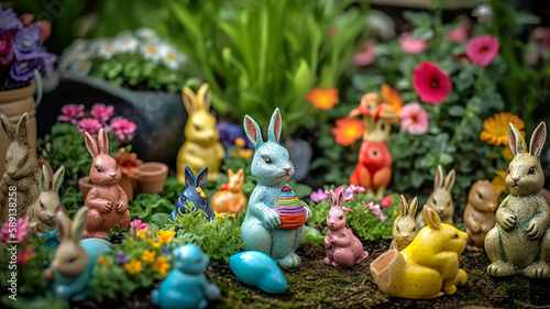 Vibrant Easter scene featuring a collection of ceramic bunnies, colorful eggs, and blooming spring flowers arranged in a garden.