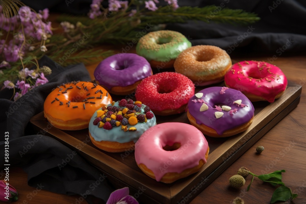 Colorful Donuts Served on a Table Generative AI Colorful Donuts Served on a Table Generative AI