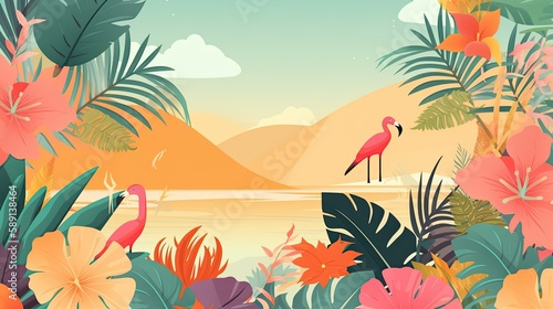 Colorful summer wallpaper. The beach with tropical leaves. Generative AI