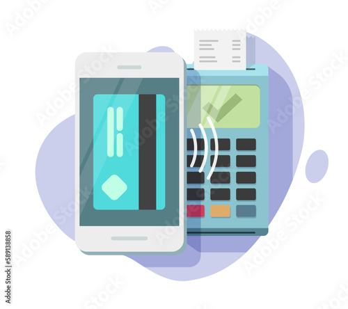 Bank credit card payment contactless via pos terminal and cell mobile phone tap flat cartoon vector illustration icon, online nfc pay electronic digital via cellphone smartphone graphic image
