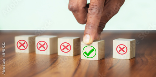 Regulatory compliance, project feasibility concept. Tick and cross signs. Checkmark and cross icons. Do and don't or like and unlike with positive and negative sign, approve and disapprove symbols
