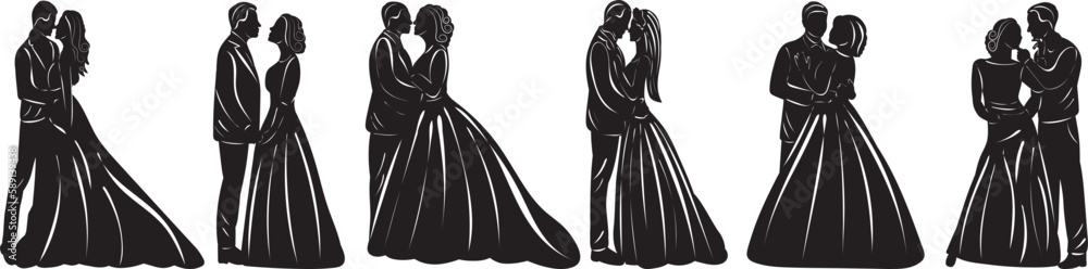 set of bride and groom silhouette on white background, vector