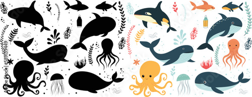 set of marine inhabitants, whale, octopus, fish on a white background, vector