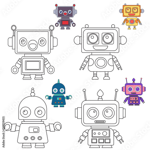 robot set, android childrens coloring book, isolated, vector