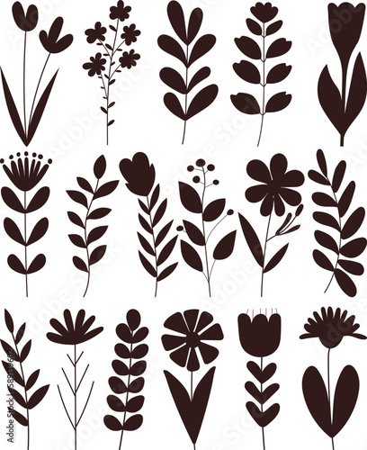 set of plants, flowers silhouette on white background, vector