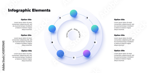 Business process chart infographics with 5 step spheres. Round workflow graphic elements. Company flowchart presentation slide. Vector info graphic in isometric design