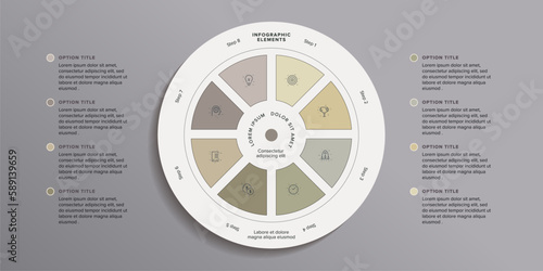 Business process chart infographics with 8 step circles. Round workflow graphic elements. Company flowchart presentation slide. Vector info graphic in flat design