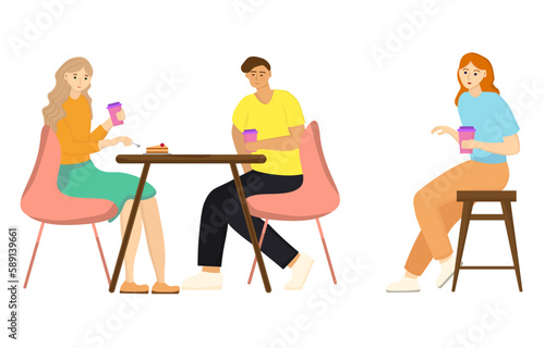 People in a restaurant or cafe. Coffee to go. Guests sit and drink coffee in a restaurant or coffee shop. Flat style illustration for website
