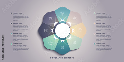 Business process chart infographics with 8 step circles. Round workflow graphic elements. Company flowchart presentation slide. Vector info graphic in flat design