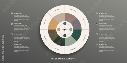 Business process chart infographics with 8 step circles. Round workflow graphic elements. Company flowchart presentation slide. Vector info graphic in flat design