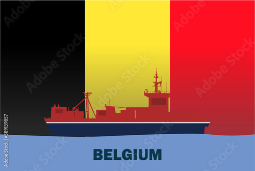 Sea transport with Belgium flag, bulk carrier or big ship on sea, cargo and logistics