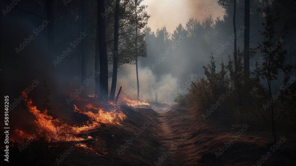 Forest fire in the forest. The concept of disaster and ecology,Burning dry grass and trees in the forest.Generative Ai Forest fire in the forest. The concept of disaster and ecology,Burning dry grass and trees in the forest.Generative Ai